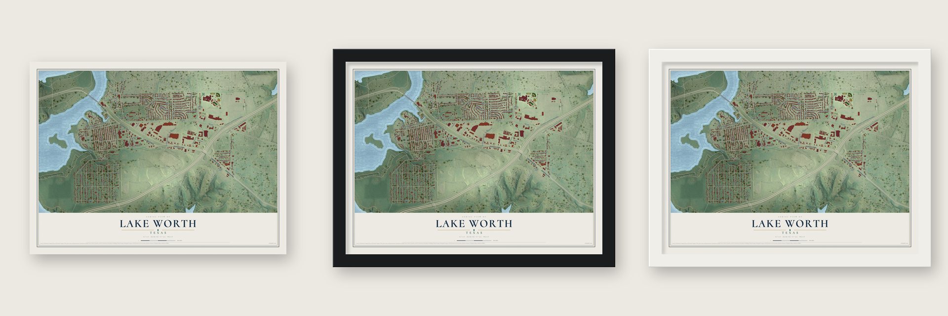 Lake Worth, Texas map unframed, in a black wood frame and in a white wood frame