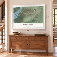 Lake Worth, Texas map, 24 x 36 inch print in a white frame above a dresser by a staircase