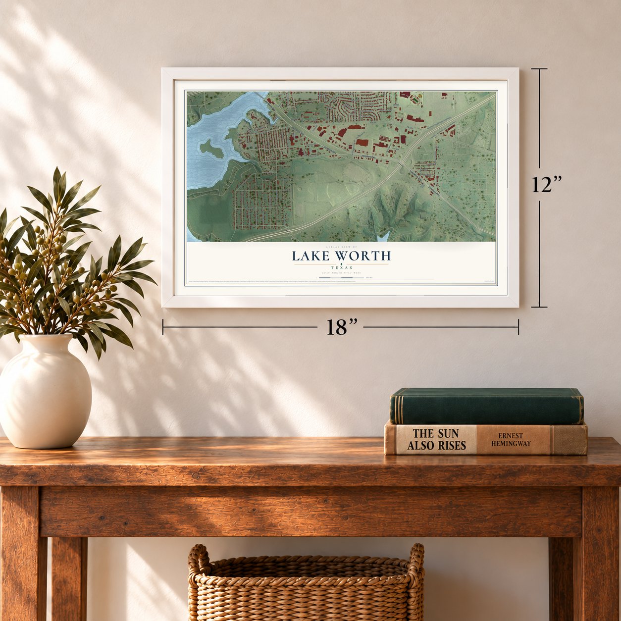 Lake Worth, Texas map, 12 x 18 inch print in a white frame in an entryway
