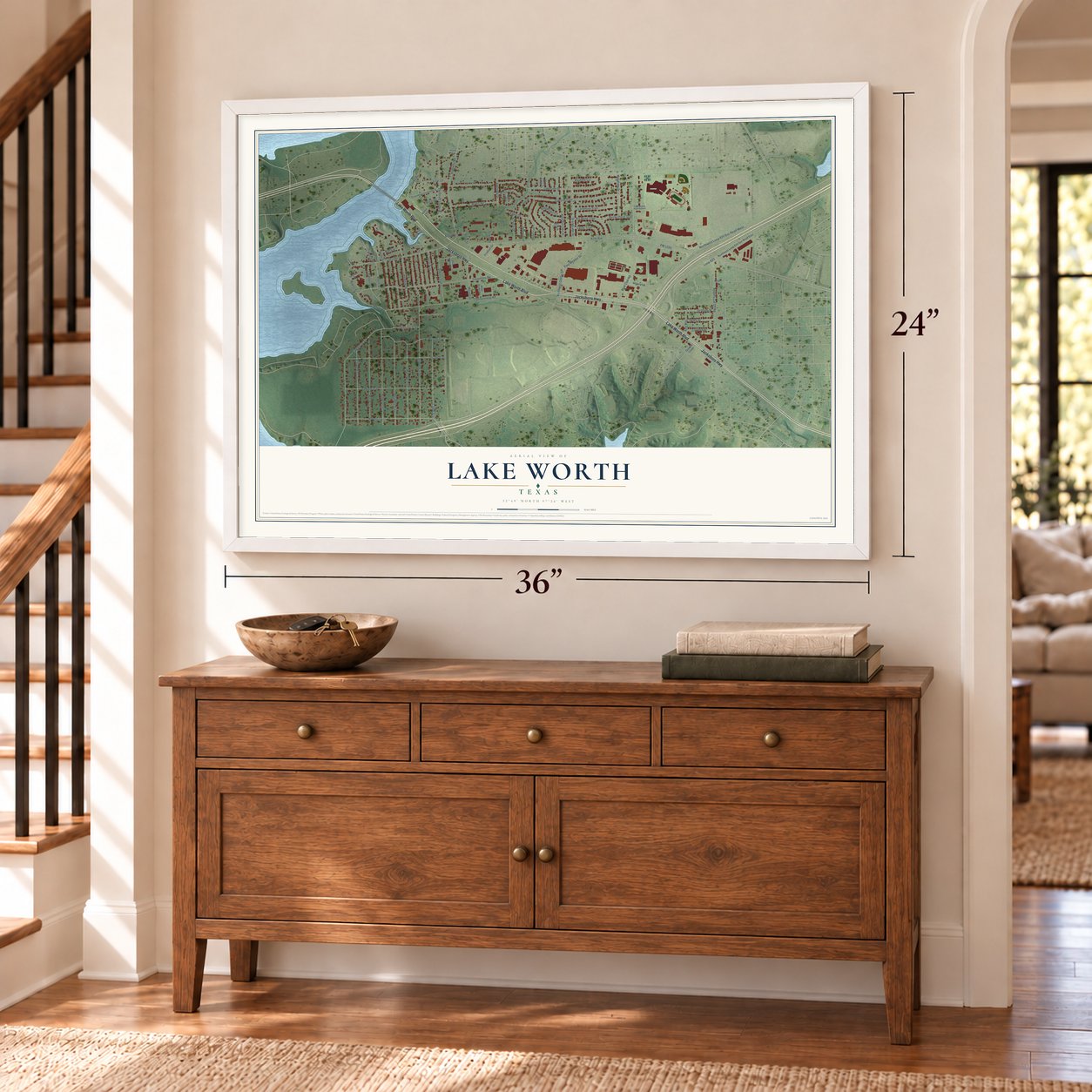 Lake Worth, Texas map, 24 x 36 inch print in a white frame above a dresser by a staircase