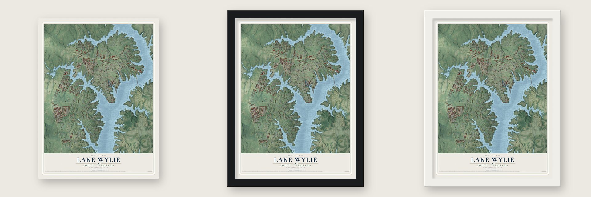 Lake Wylie, South Carolina map unframed, in a black wood frame and in a white wood frame