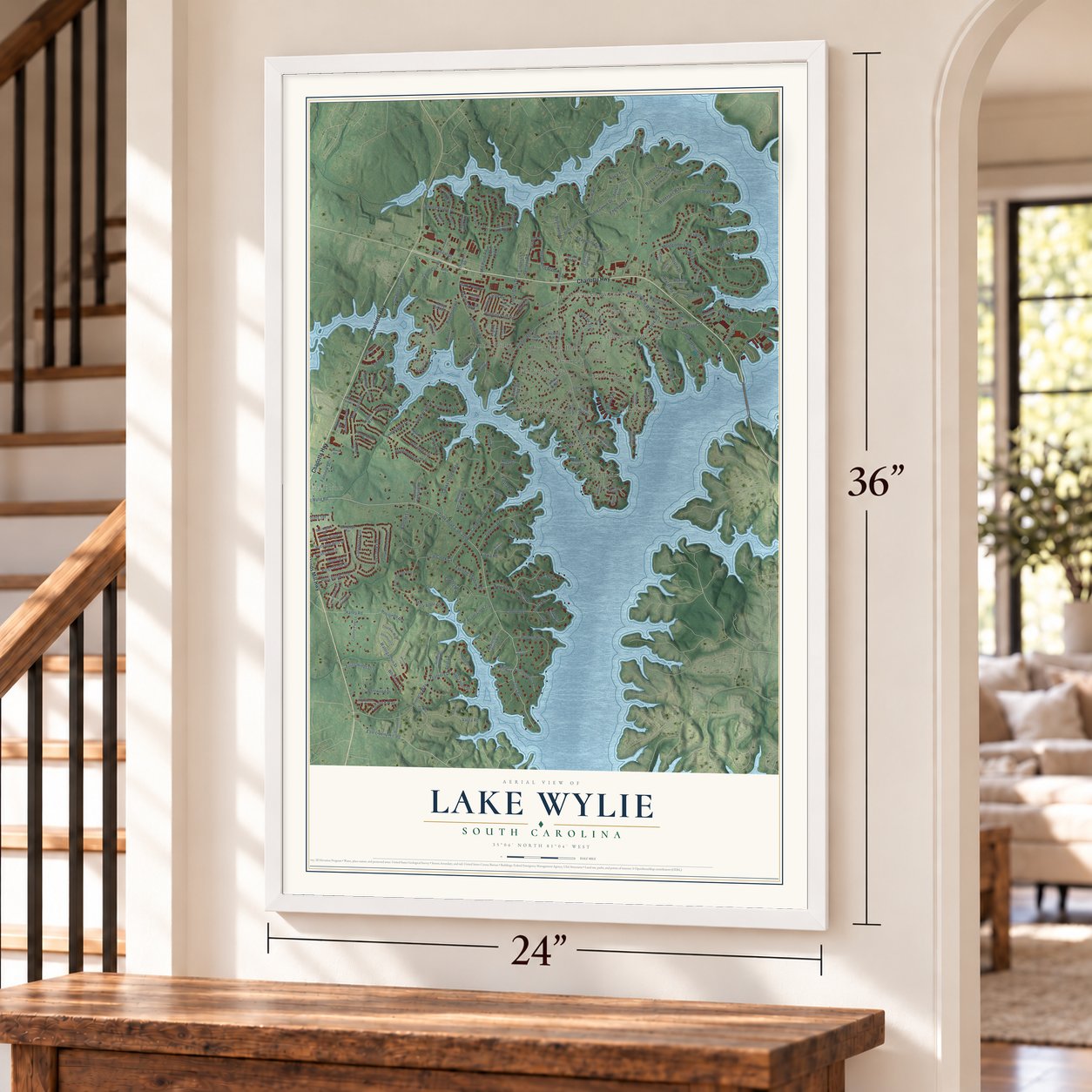 Lake Wylie, South Carolina map, 24 x 36 inch print in a white frame by a staircase