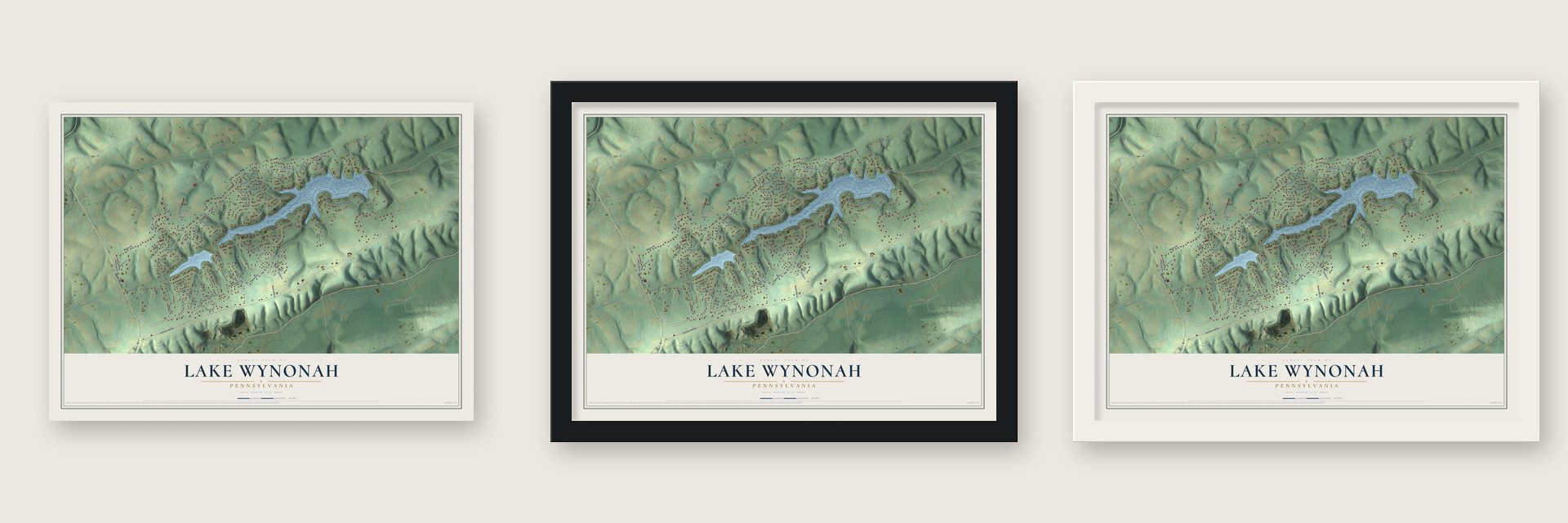 Lake Wynonah, Pennsylvania map unframed, in a black wood frame and in a white wood frame