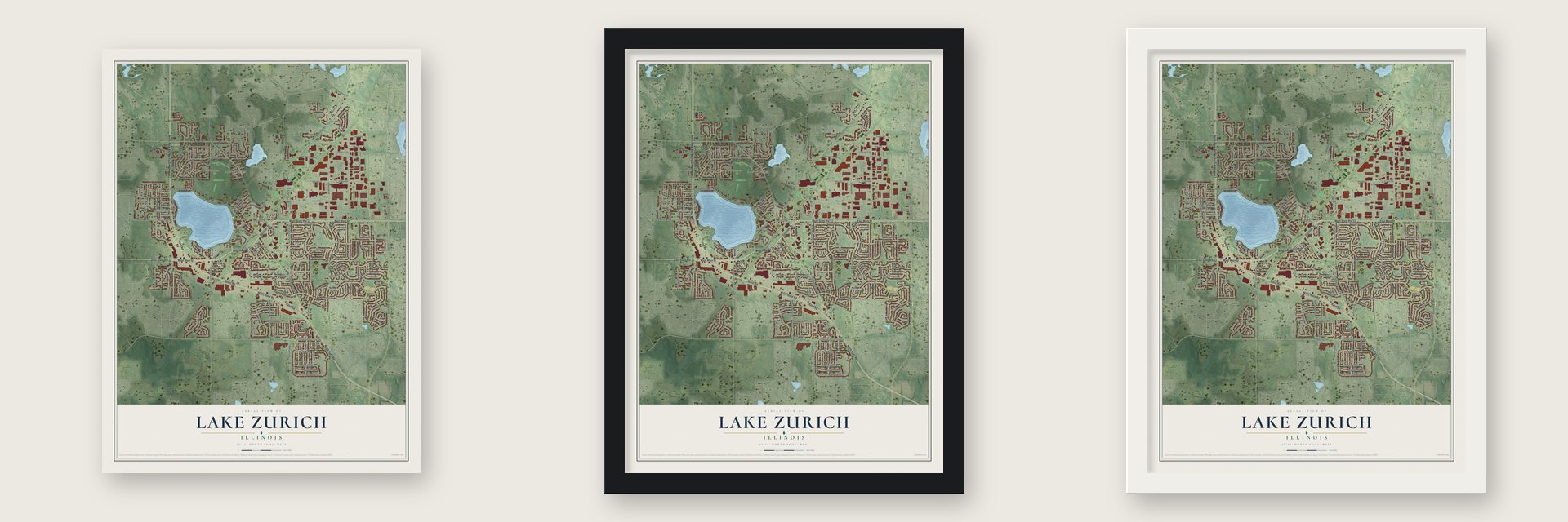 Lake Zurich, Illinois map unframed, in a black wood frame and in a white wood frame