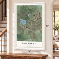 Lake Zurich, Illinois map, 24 x 36 inch print in a white frame by a staircase