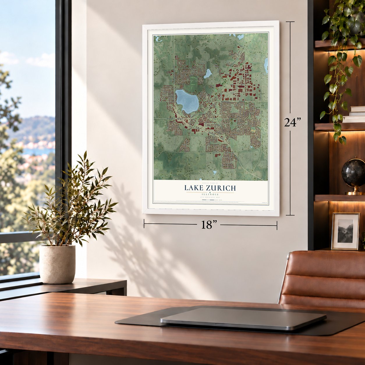Lake Zurich, Illinois map, 18 x 24 inch print in a white frame in a home office