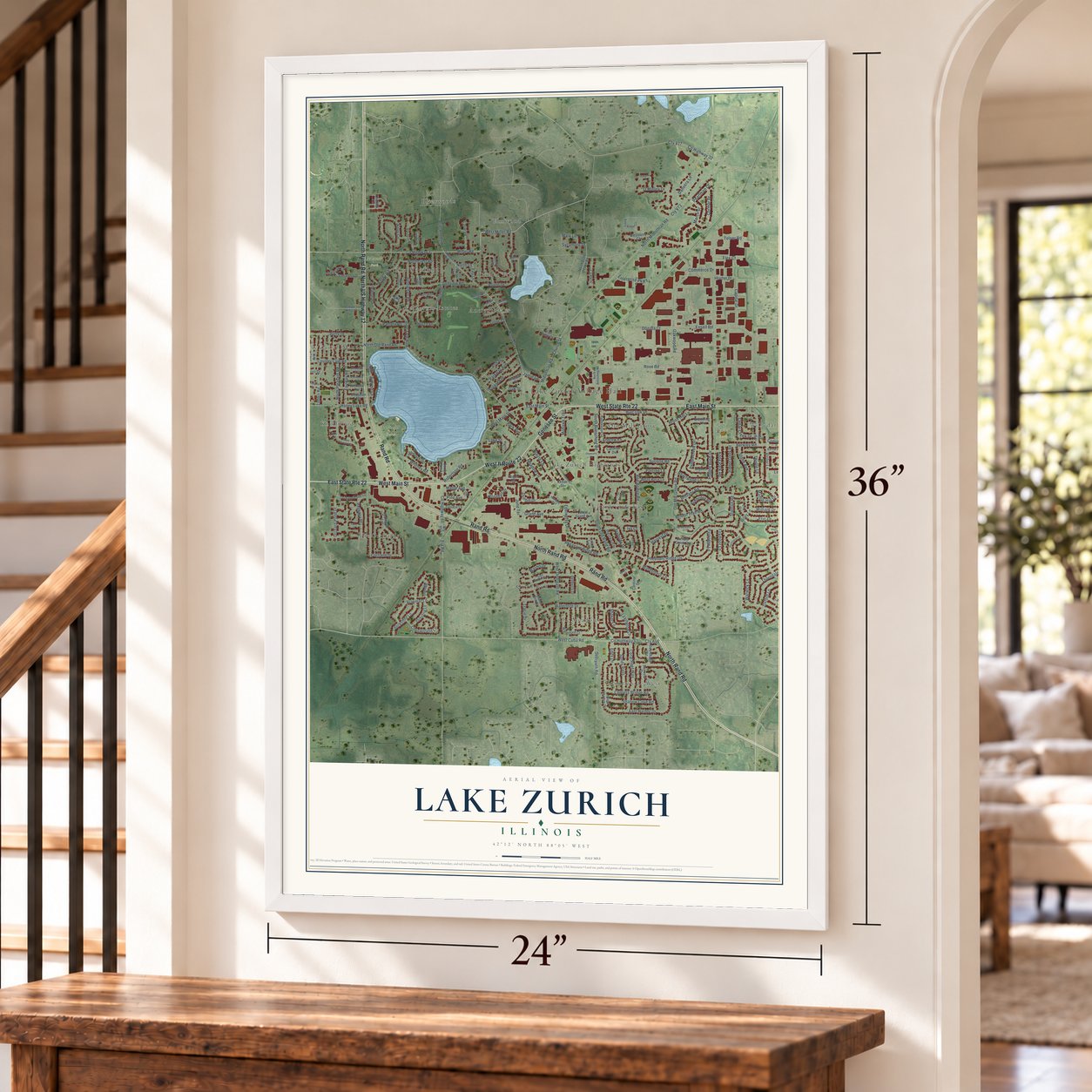 Lake Zurich, Illinois map, 24 x 36 inch print in a white frame by a staircase