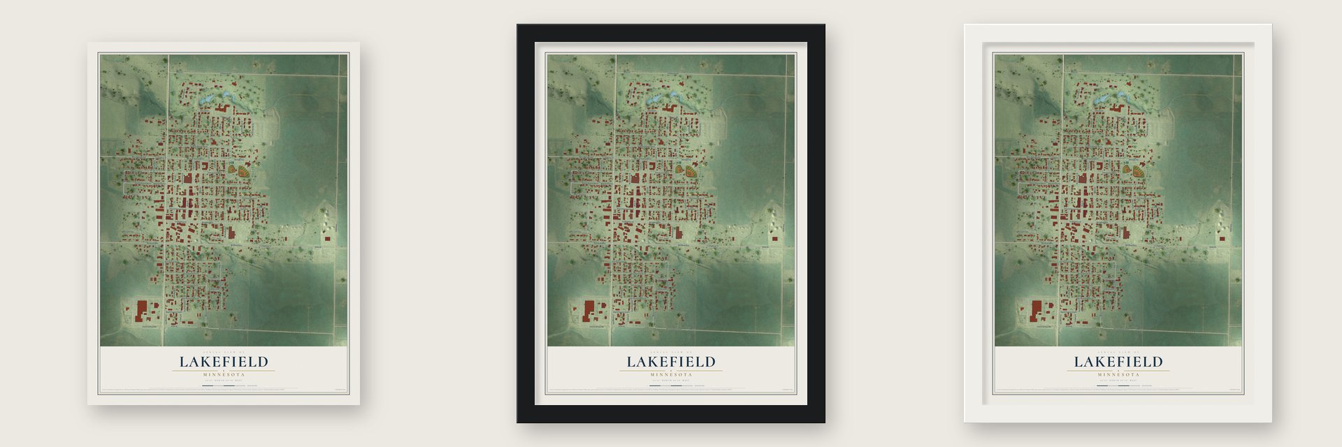 Lakefield, Minnesota map unframed, in a black wood frame and in a white wood frame