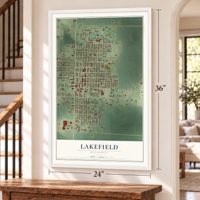 Lakefield, Minnesota map, 24 x 36 inch print in a white frame by a staircase