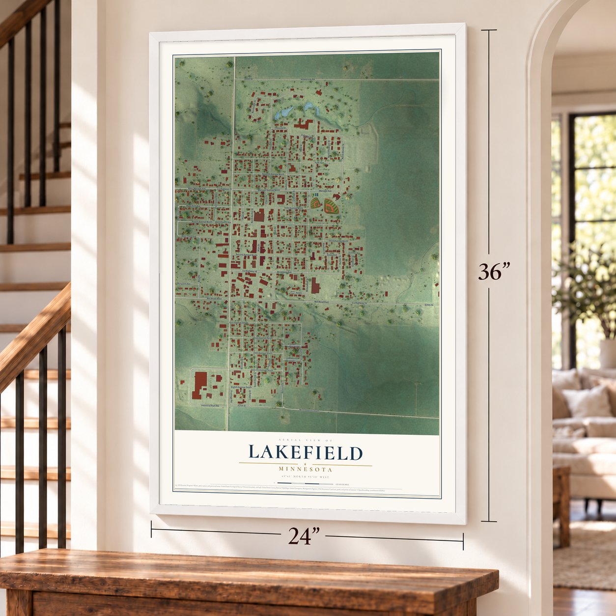 Lakefield, Minnesota map, 24 x 36 inch print in a white frame by a staircase
