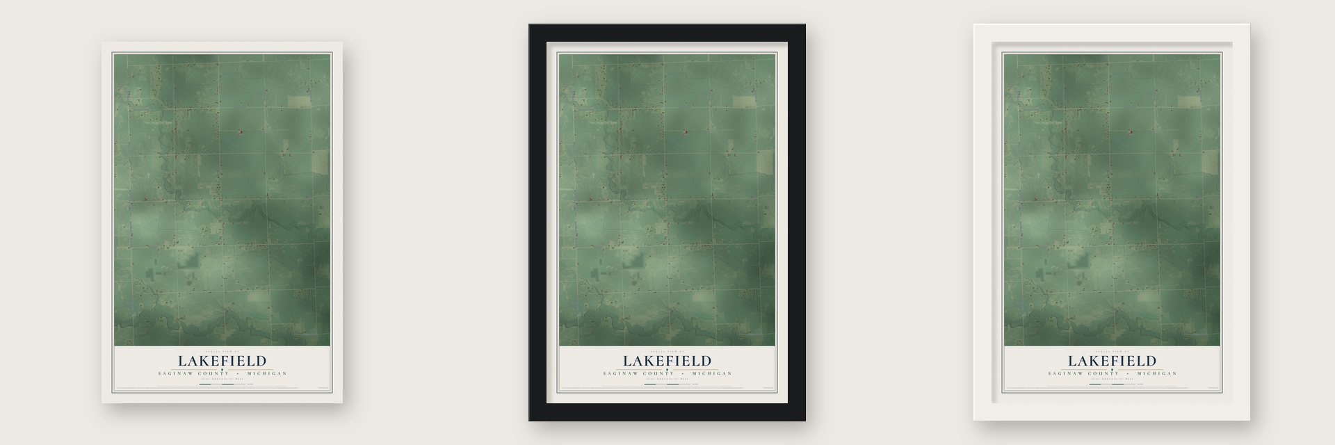 Lakefield, Saginaw County, Michigan map unframed, in a black wood frame and in a white wood frame