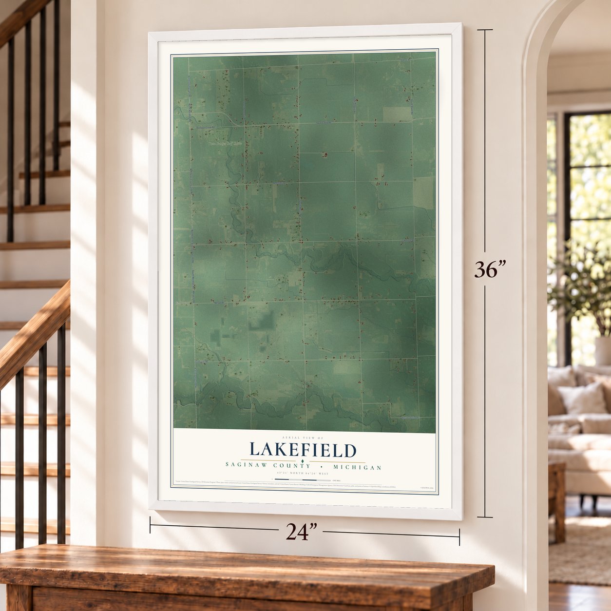 Lakefield, Saginaw County, Michigan map, 24 x 36 inch print in a white frame by a staircase