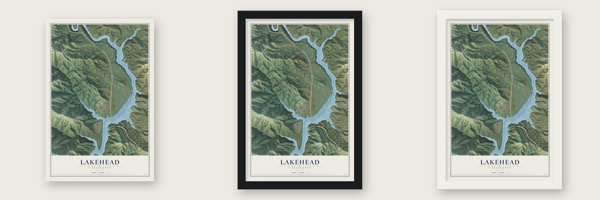 Lakehead, California map unframed, in a black wood frame and in a white wood frame