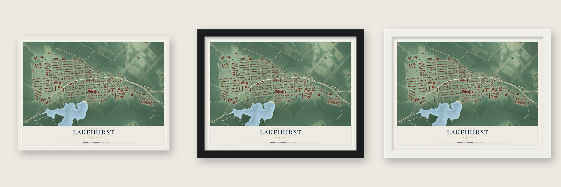 Lakehurst, New Jersey map unframed, in a black wood frame and in a white wood frame
