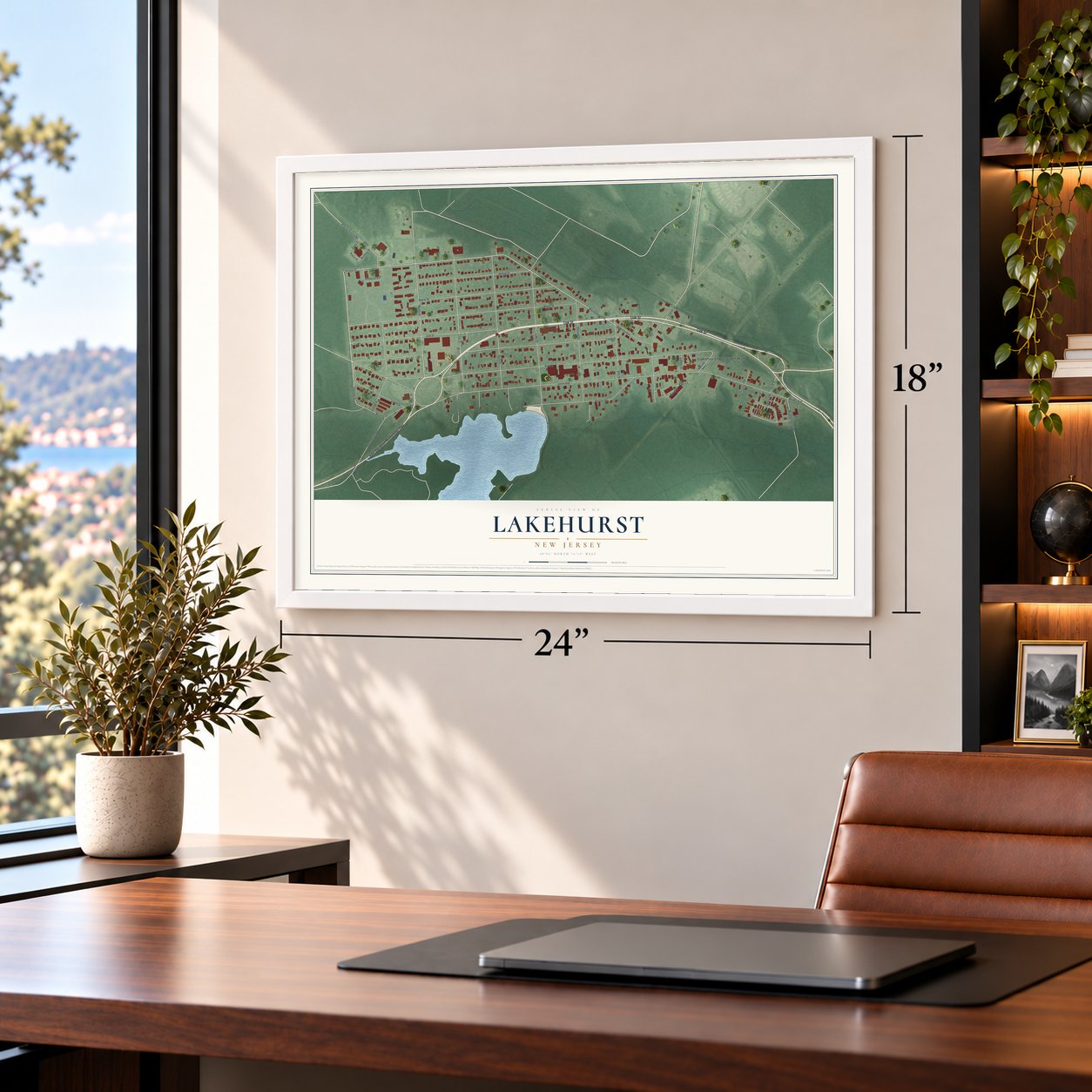 Lakehurst, New Jersey map, 18 x 24 inch print in a white frame in a home office