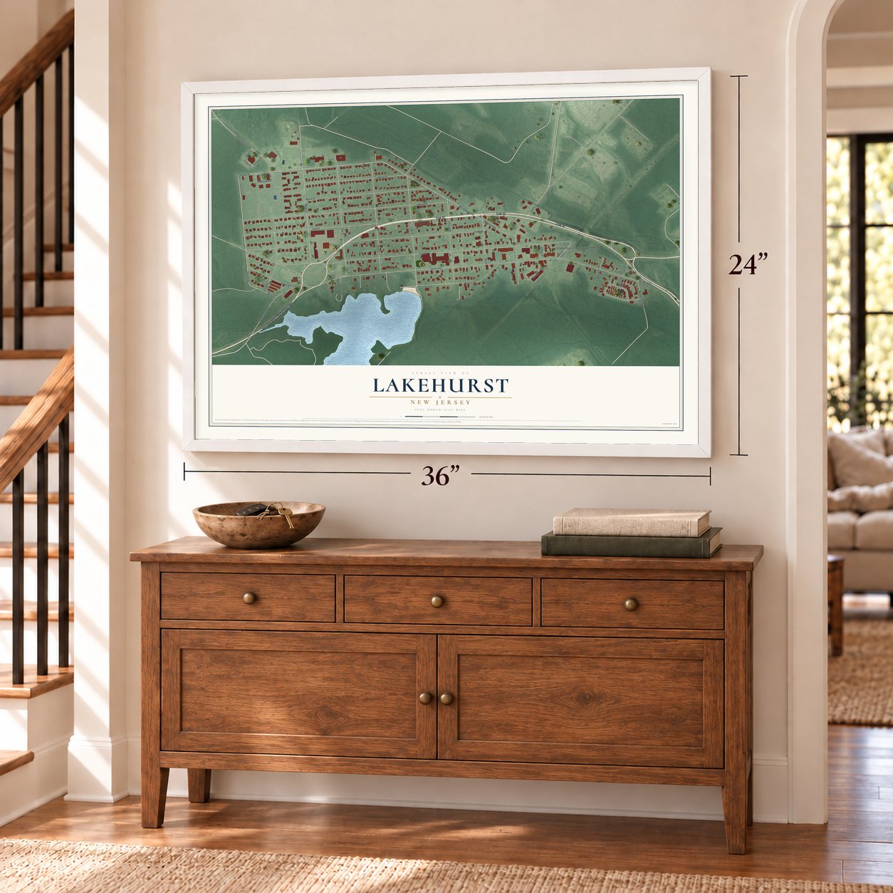 Lakehurst, New Jersey map, 24 x 36 inch print in a white frame above a dresser by a staircase