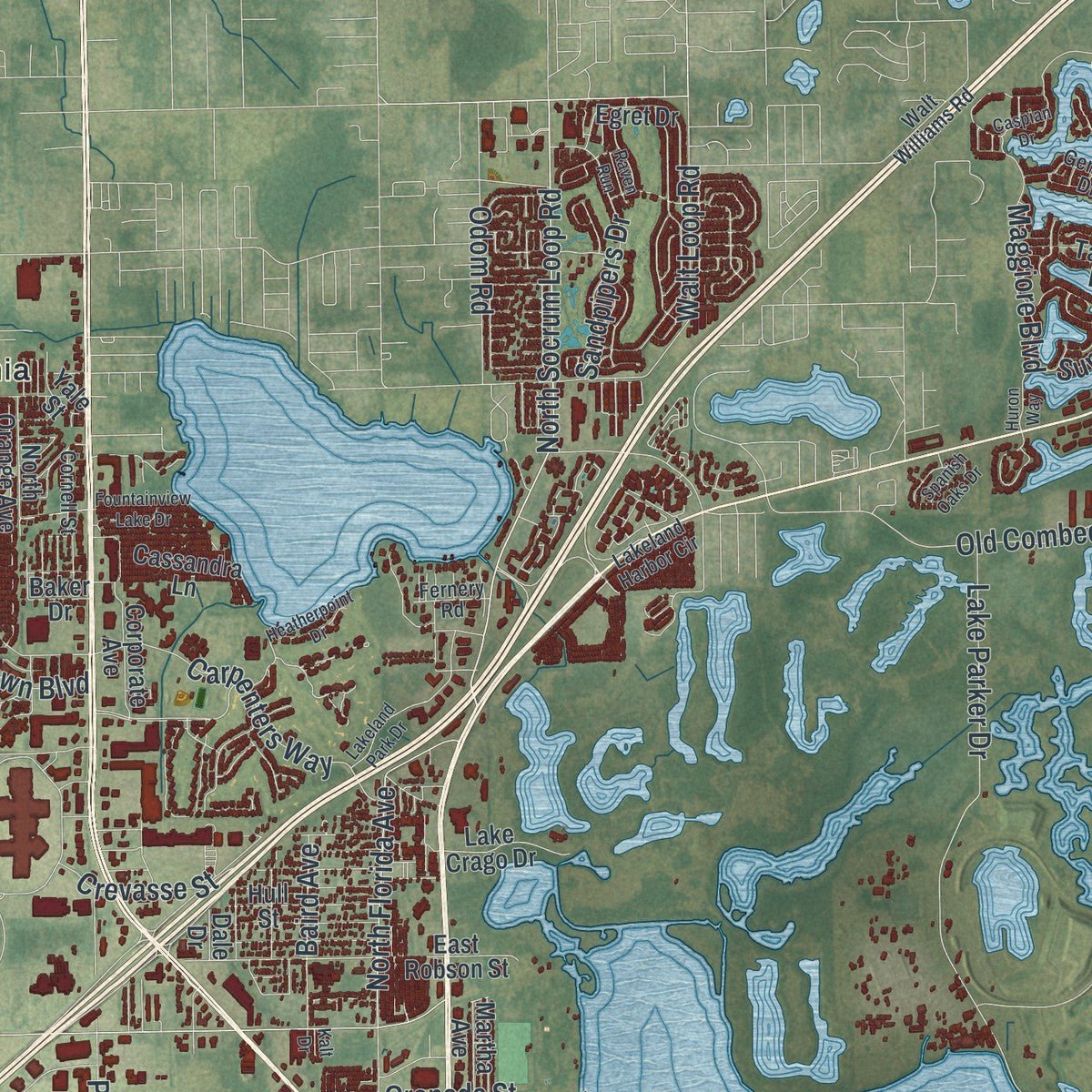 Second close-up of the map of Lakeland, Florida print showing more streets and buildings
