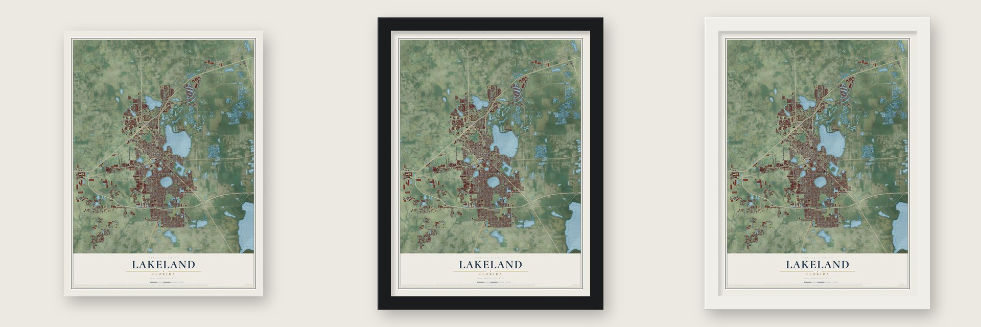 Lakeland, Florida map unframed, in a black wood frame and in a white wood frame