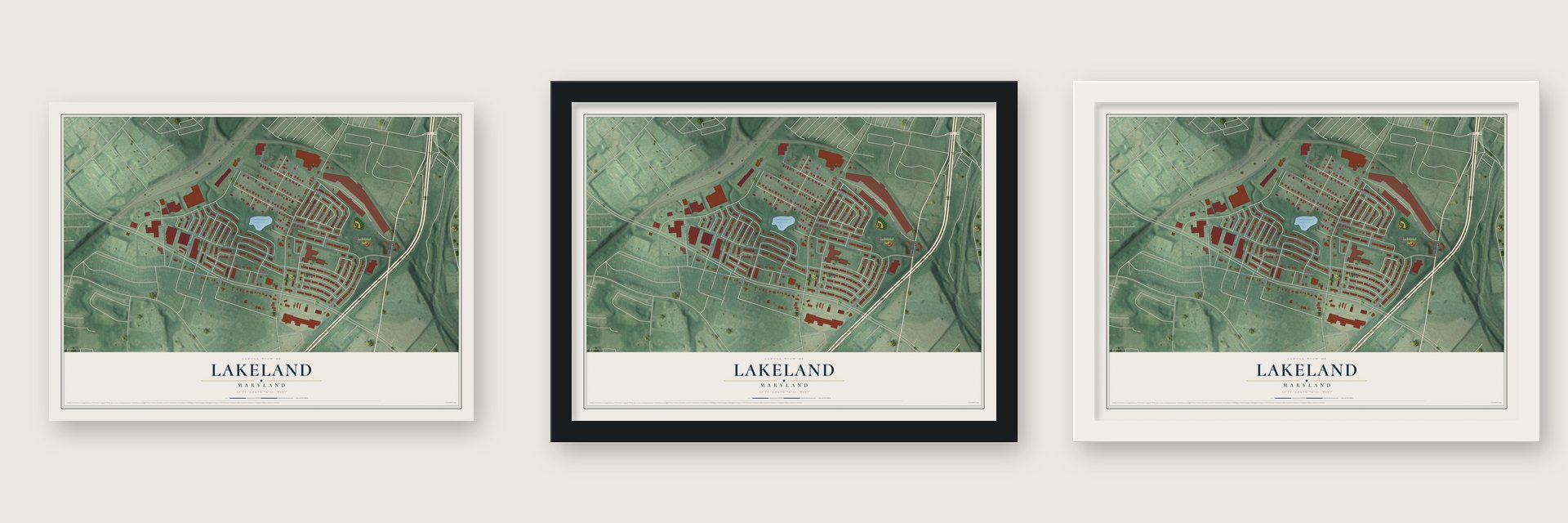 Lakeland, Maryland map unframed, in a black wood frame and in a white wood frame