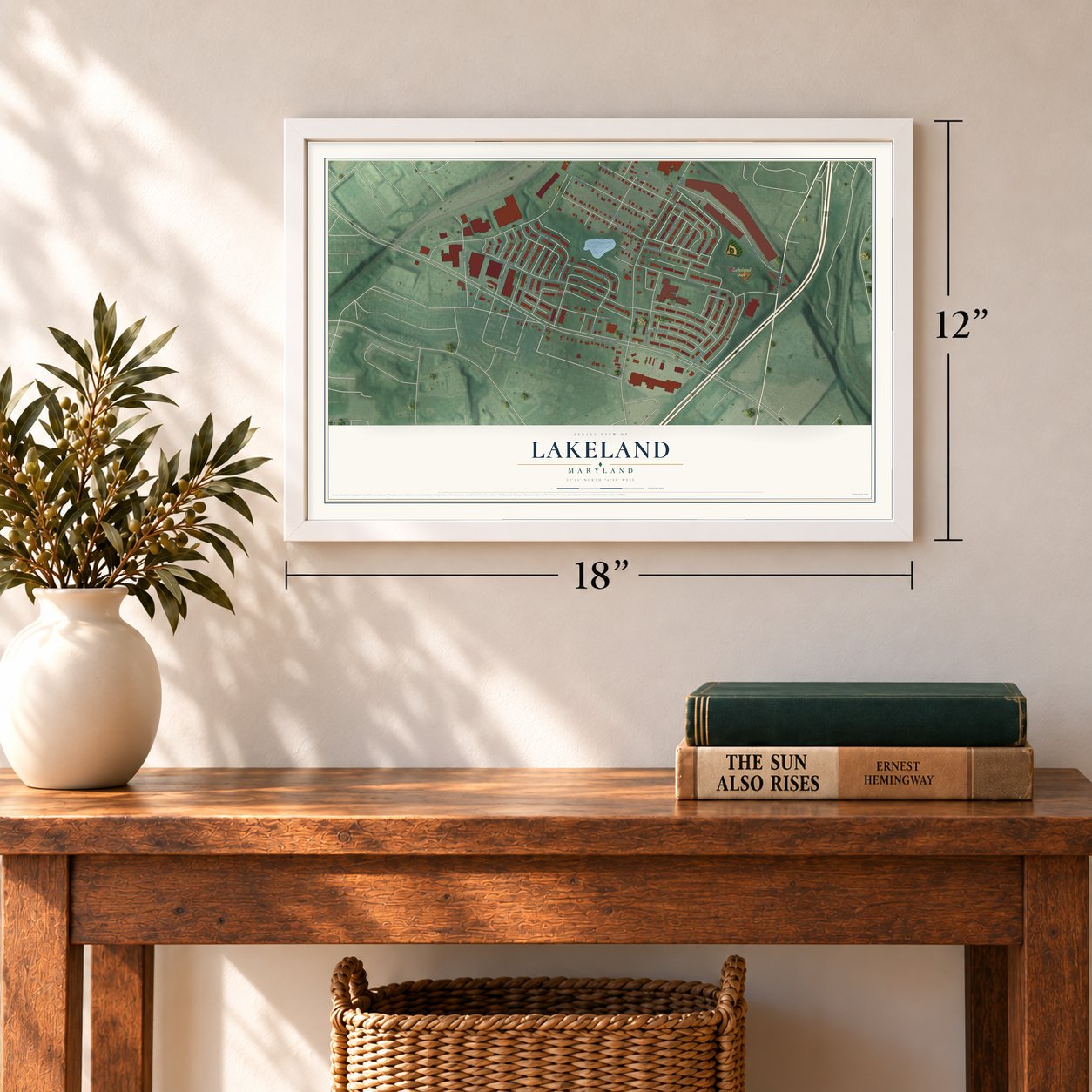 Lakeland, Maryland map, 12 x 18 inch print in a white frame in an entryway