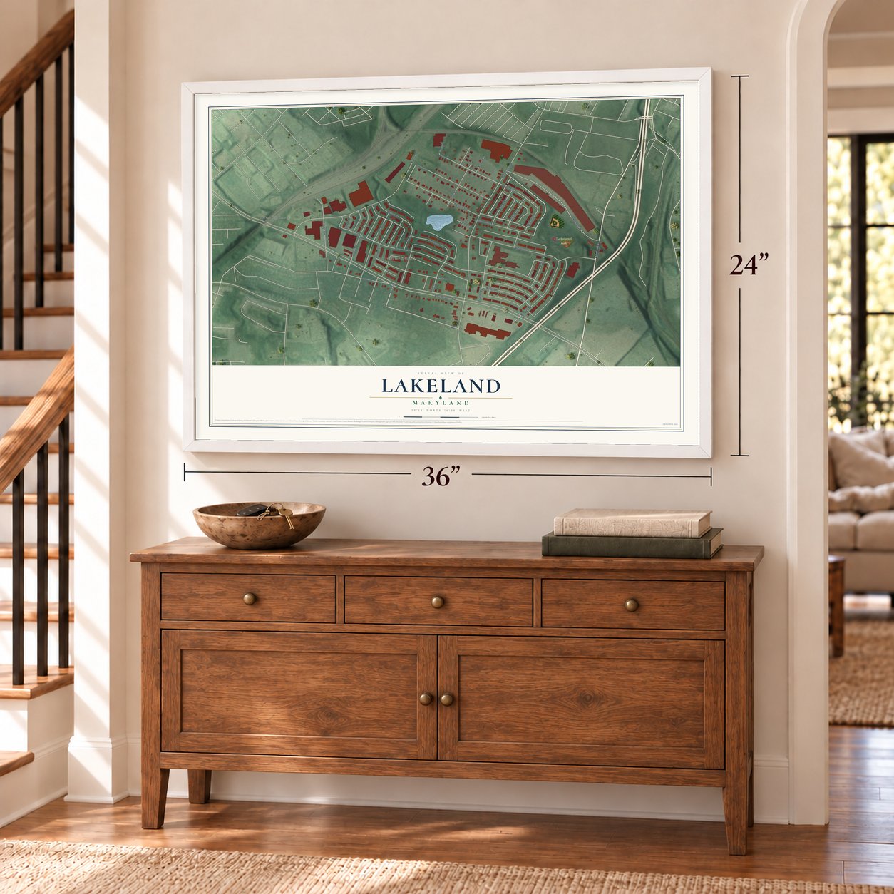 Lakeland, Maryland map, 24 x 36 inch print in a white frame above a dresser by a staircase