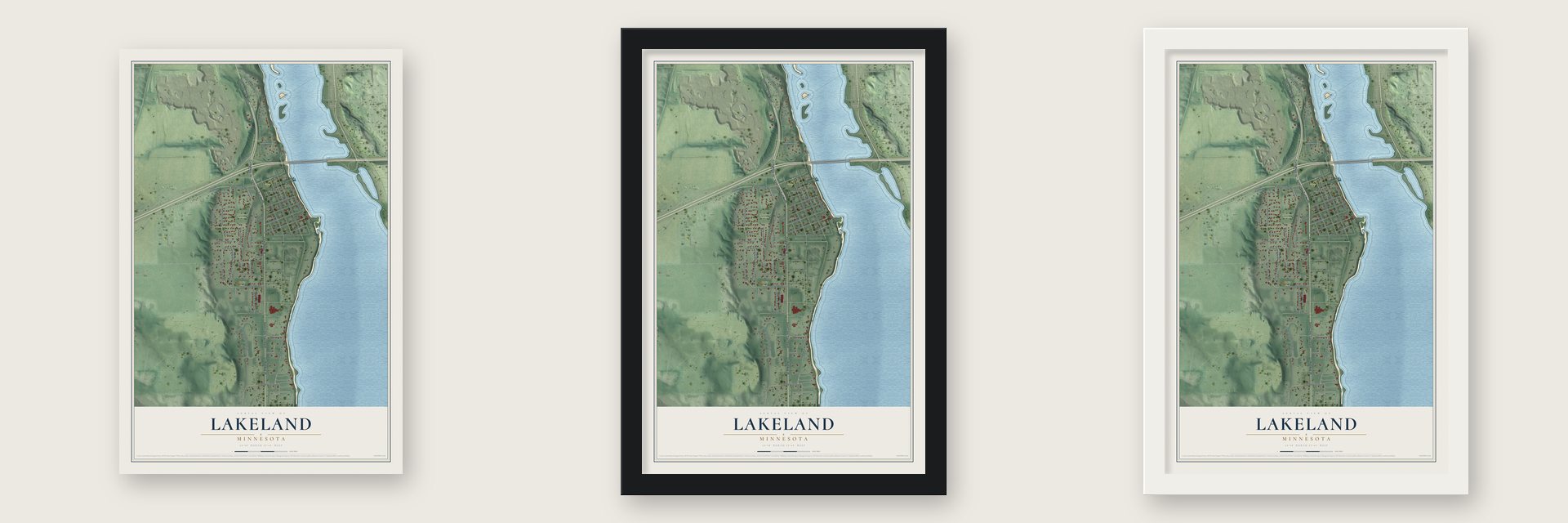 Lakeland, Minnesota map unframed, in a black wood frame and in a white wood frame
