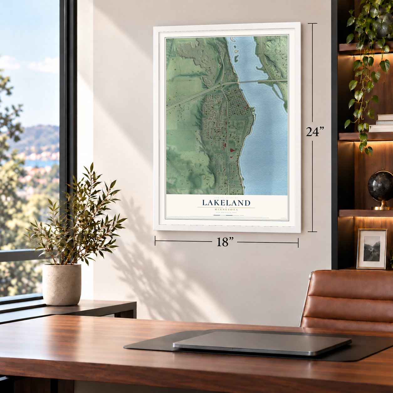 Lakeland, Minnesota map, 18 x 24 inch print in a white frame in a home office