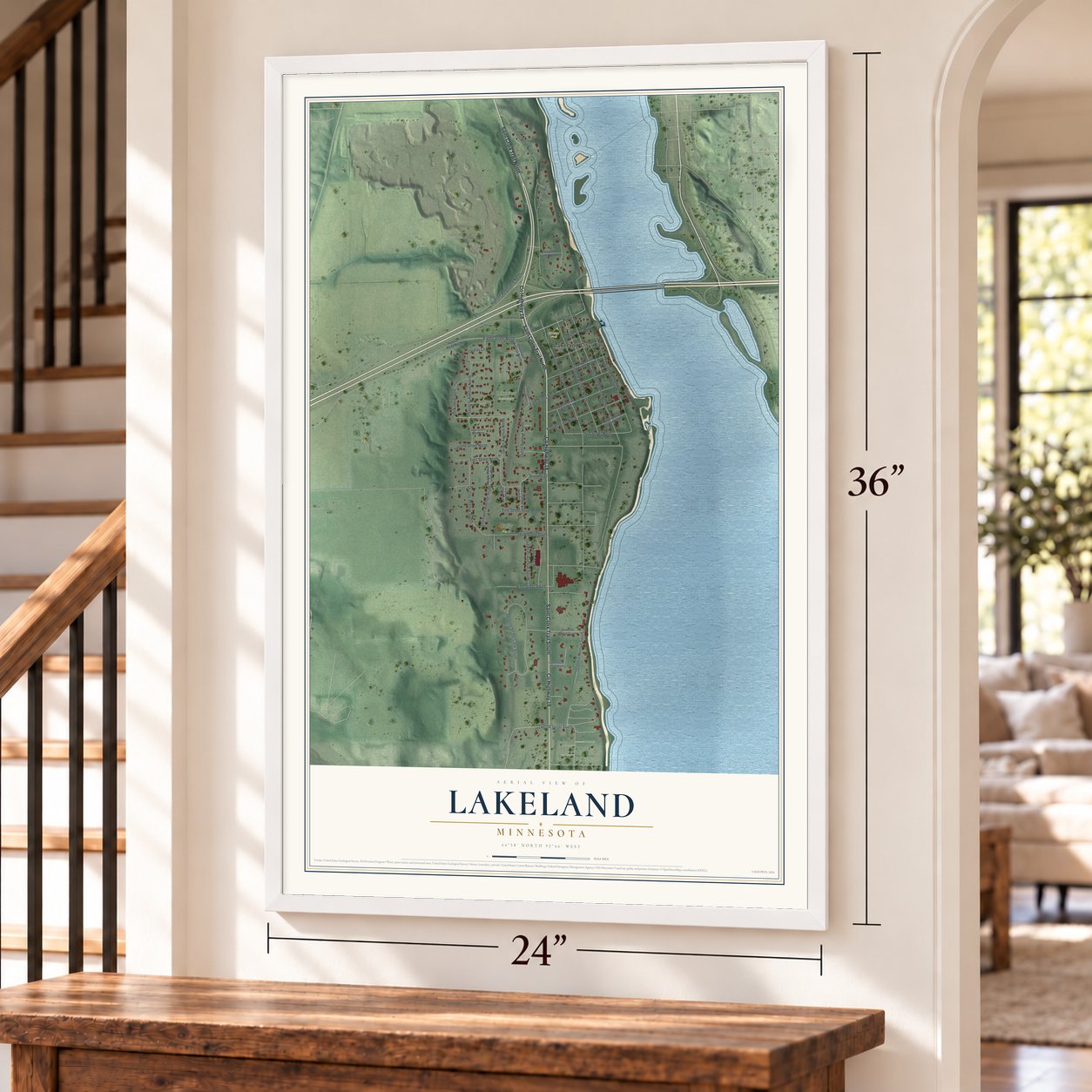 Lakeland, Minnesota map, 24 x 36 inch print in a white frame by a staircase