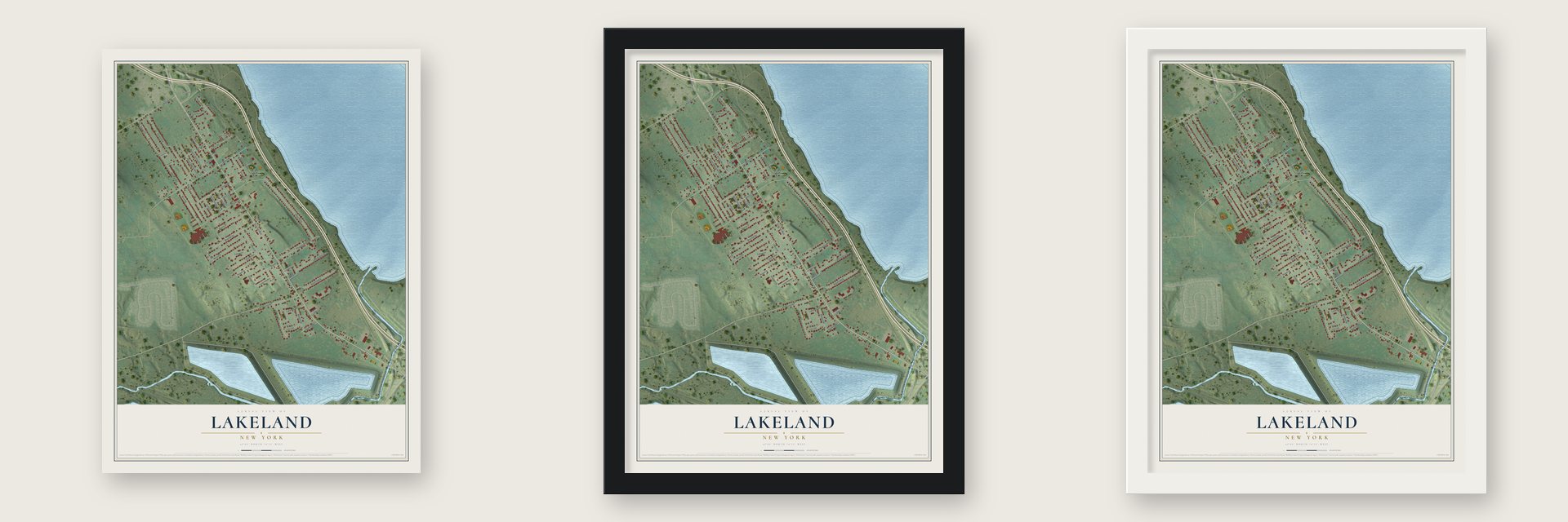 Lakeland, New York map unframed, in a black wood frame and in a white wood frame