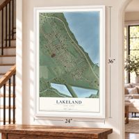 Lakeland, New York map, 24 x 36 inch print in a white frame by a staircase