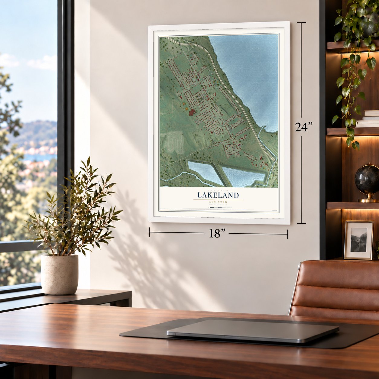 Lakeland, New York map, 18 x 24 inch print in a white frame in a home office