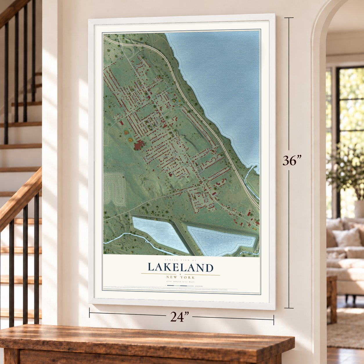 Lakeland, New York map, 24 x 36 inch print in a white frame by a staircase
