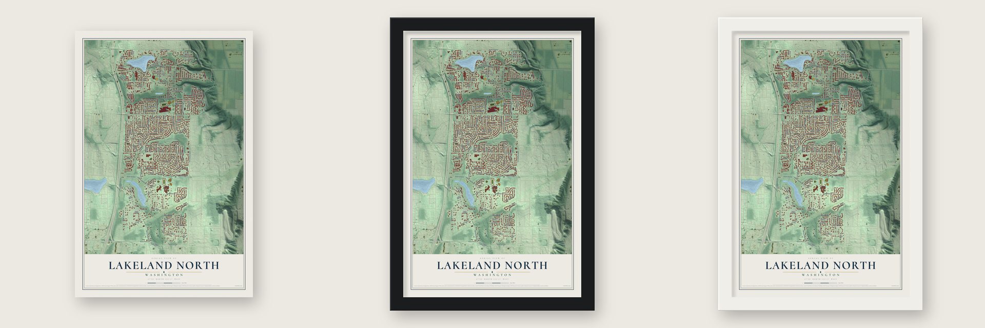 Lakeland North, Washington map unframed, in a black wood frame and in a white wood frame