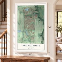 Lakeland North, Washington map, 24 x 36 inch print in a white frame by a staircase