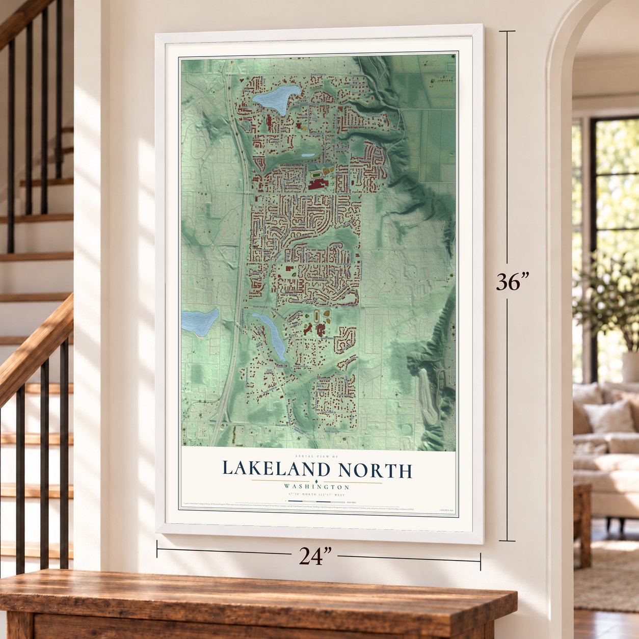 Lakeland North, Washington map, 24 x 36 inch print in a white frame by a staircase
