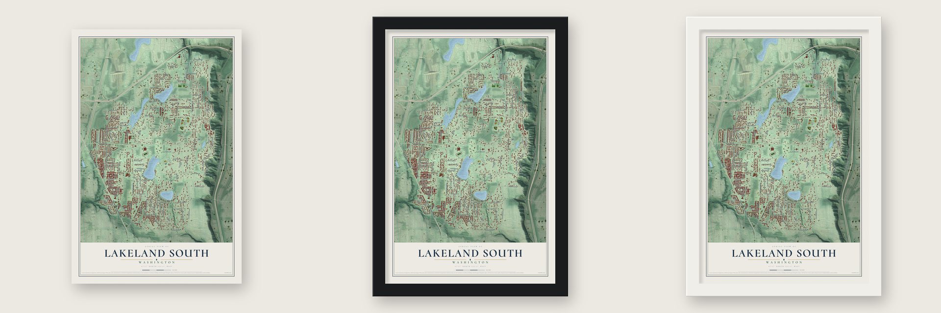 Lakeland South, Washington map unframed, in a black wood frame and in a white wood frame