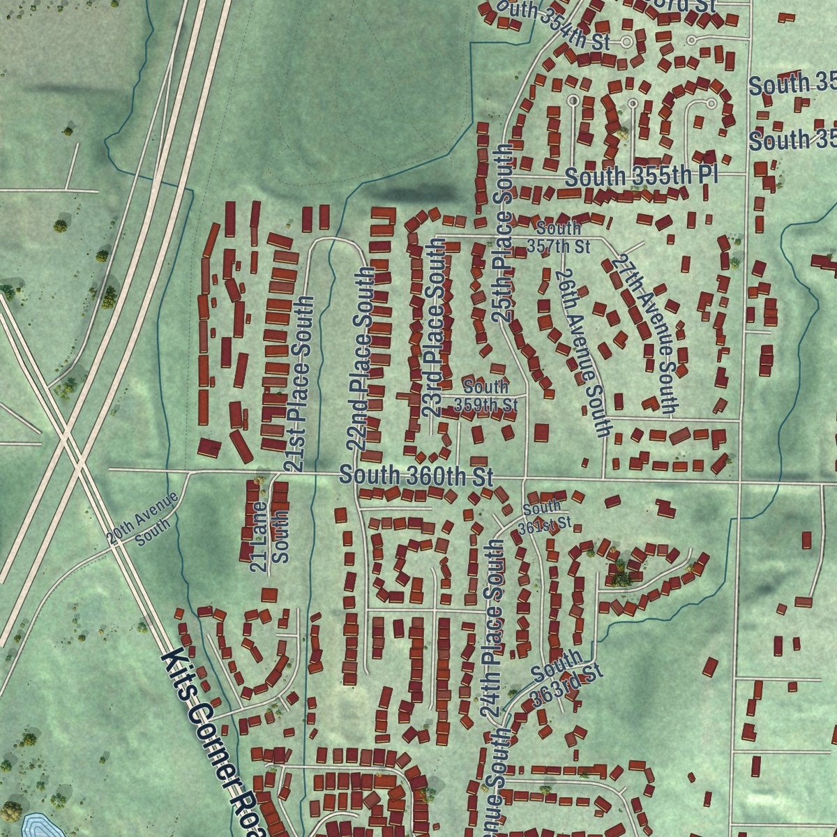 Second close-up of the map of Lakeland South, Washington print showing more streets and buildings