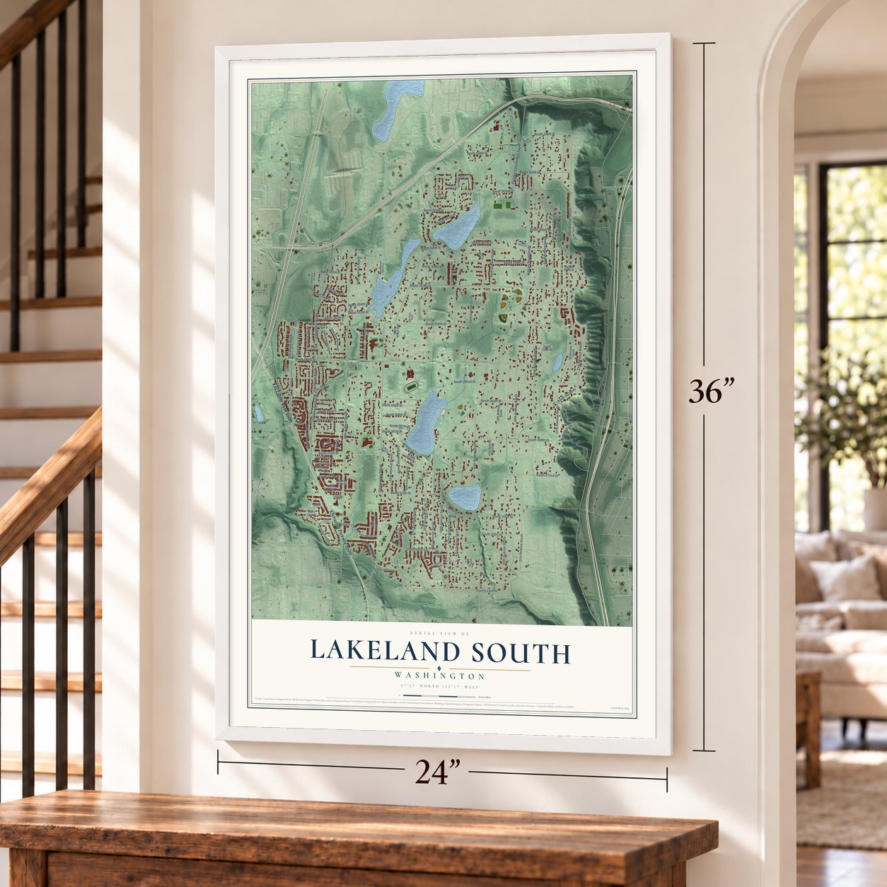 Lakeland South, Washington map, 24 x 36 inch print in a white frame by a staircase