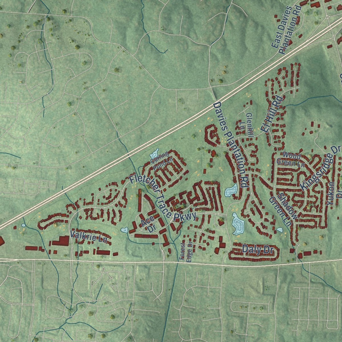 Second close-up of the map of Lakeland, Tennessee print showing more streets and buildings