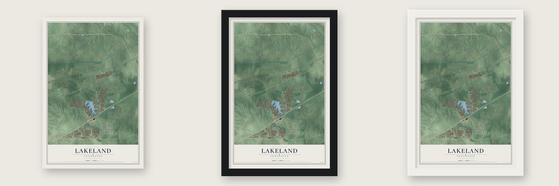 Lakeland, Tennessee map unframed, in a black wood frame and in a white wood frame