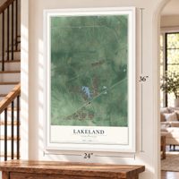 Lakeland, Tennessee map, 24 x 36 inch print in a white frame by a staircase