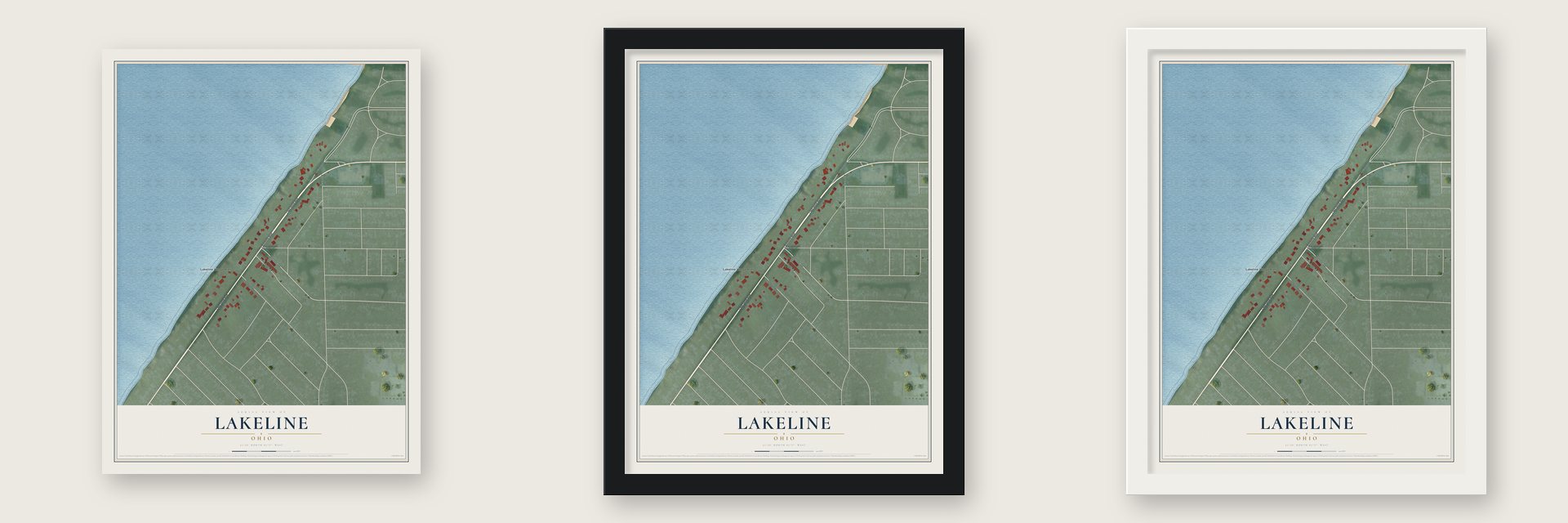 Lakeline, Ohio map unframed, in a black wood frame and in a white wood frame