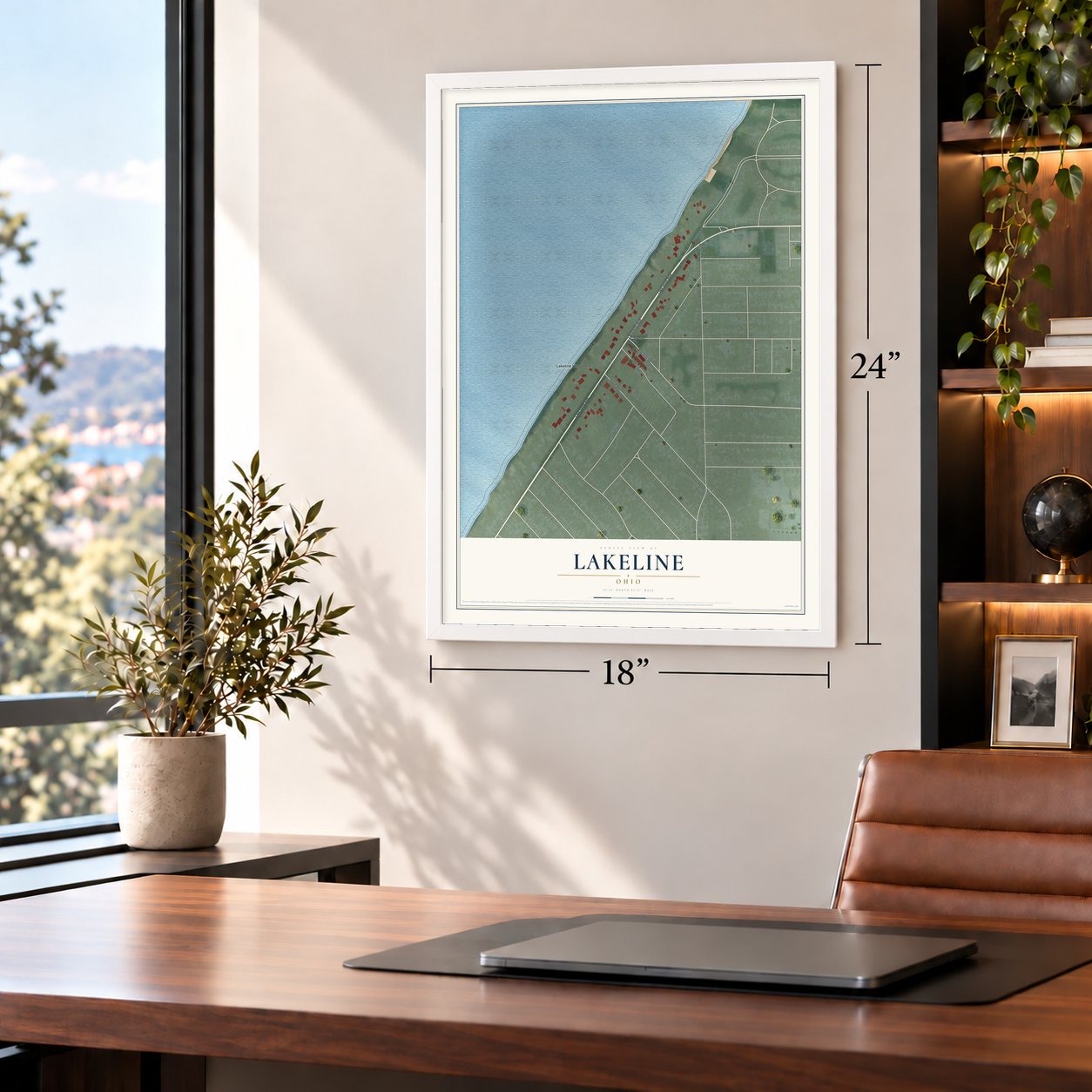 Lakeline, Ohio map, 18 x 24 inch print in a white frame in a home office