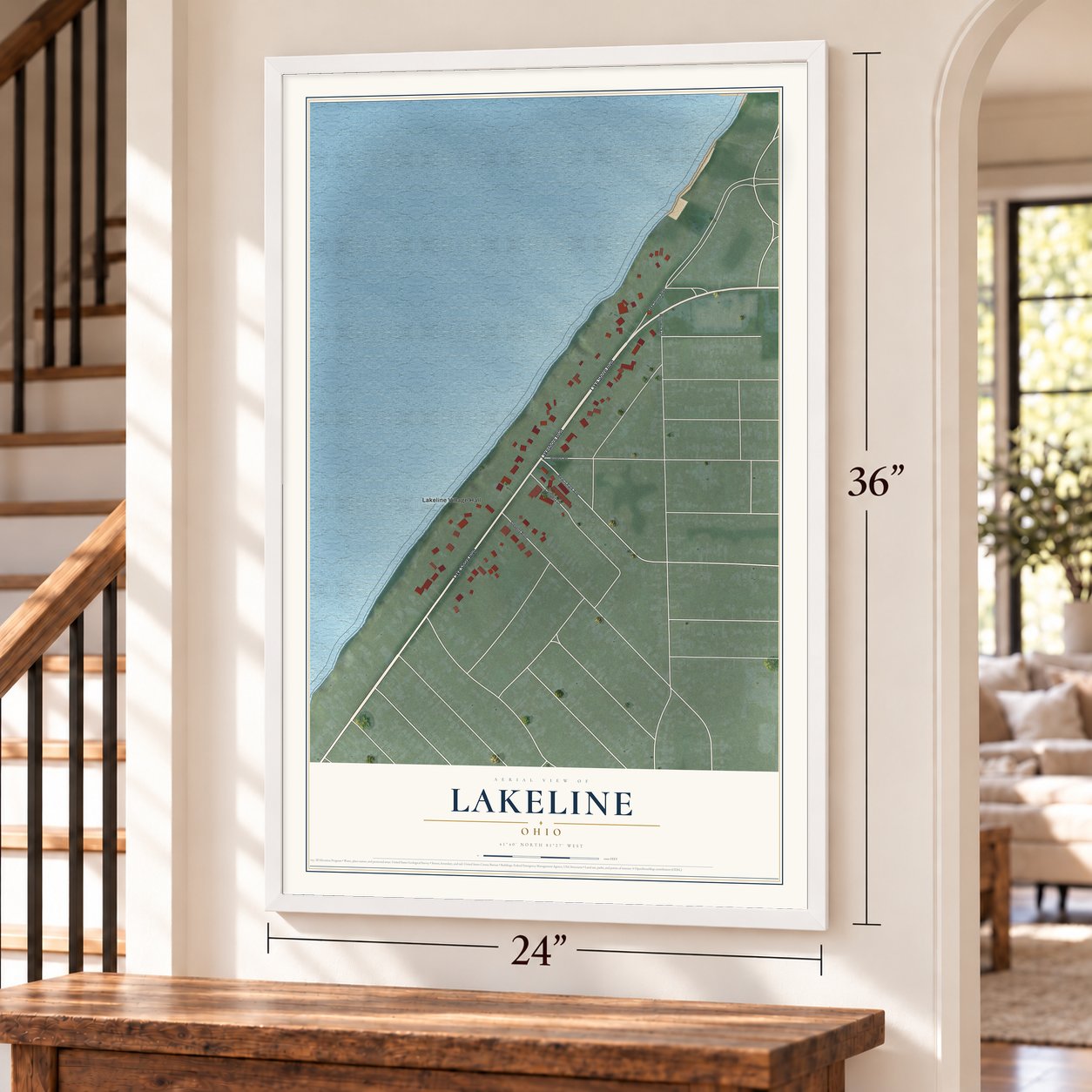 Lakeline, Ohio map, 24 x 36 inch print in a white frame by a staircase