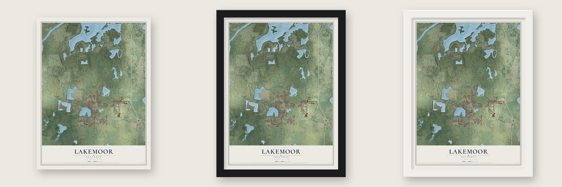 Lakemoor, Illinois map unframed, in a black wood frame and in a white wood frame