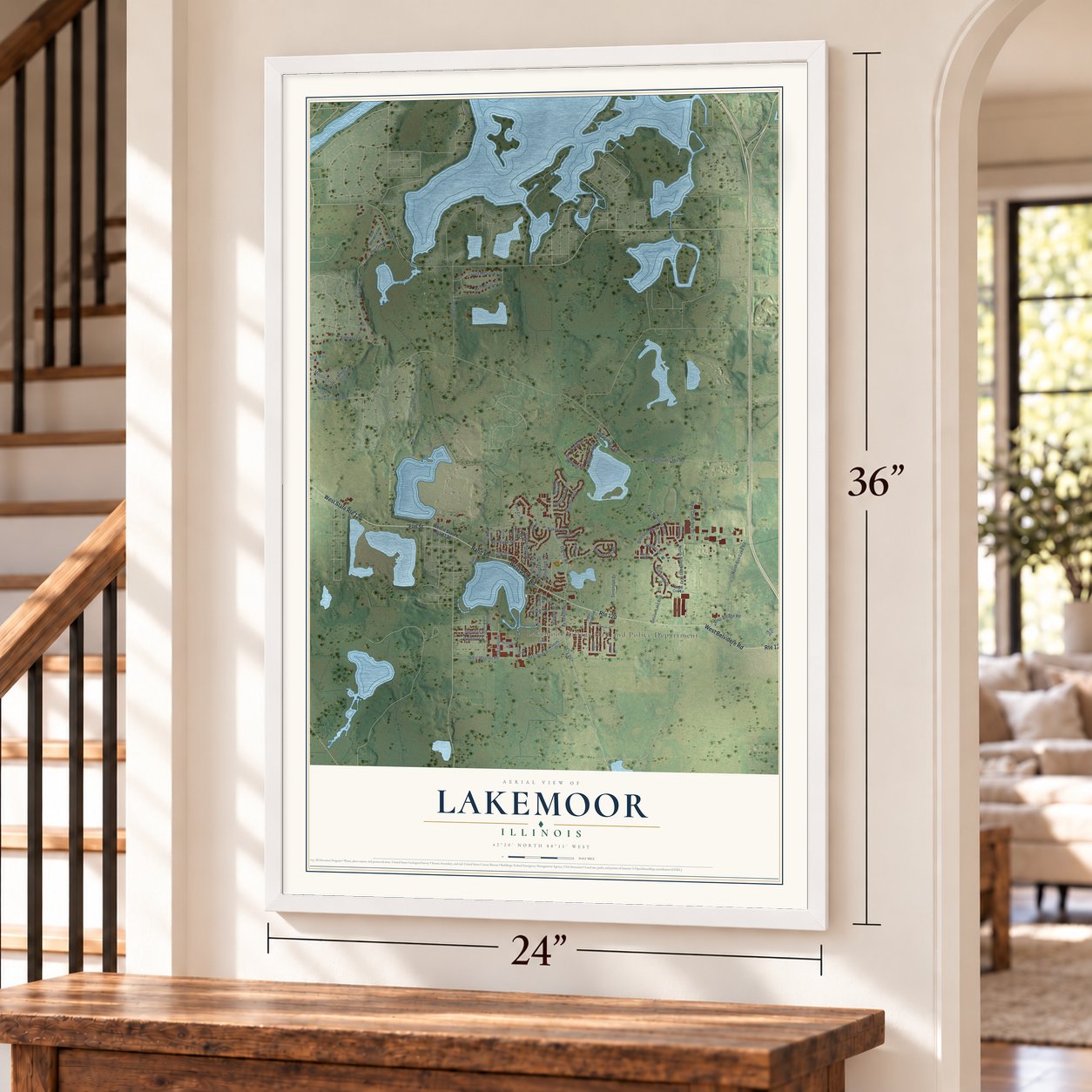 Lakemoor, Illinois map, 24 x 36 inch print in a white frame by a staircase