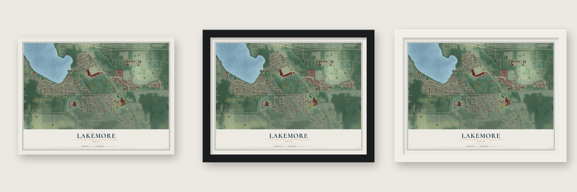 Lakemore, Ohio map unframed, in a black wood frame and in a white wood frame