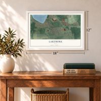 Lakemore, Ohio map, 12 x 18 inch print in a white frame in an entryway
