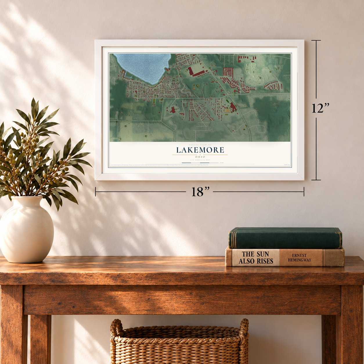 Lakemore, Ohio map, 12 x 18 inch print in a white frame in an entryway