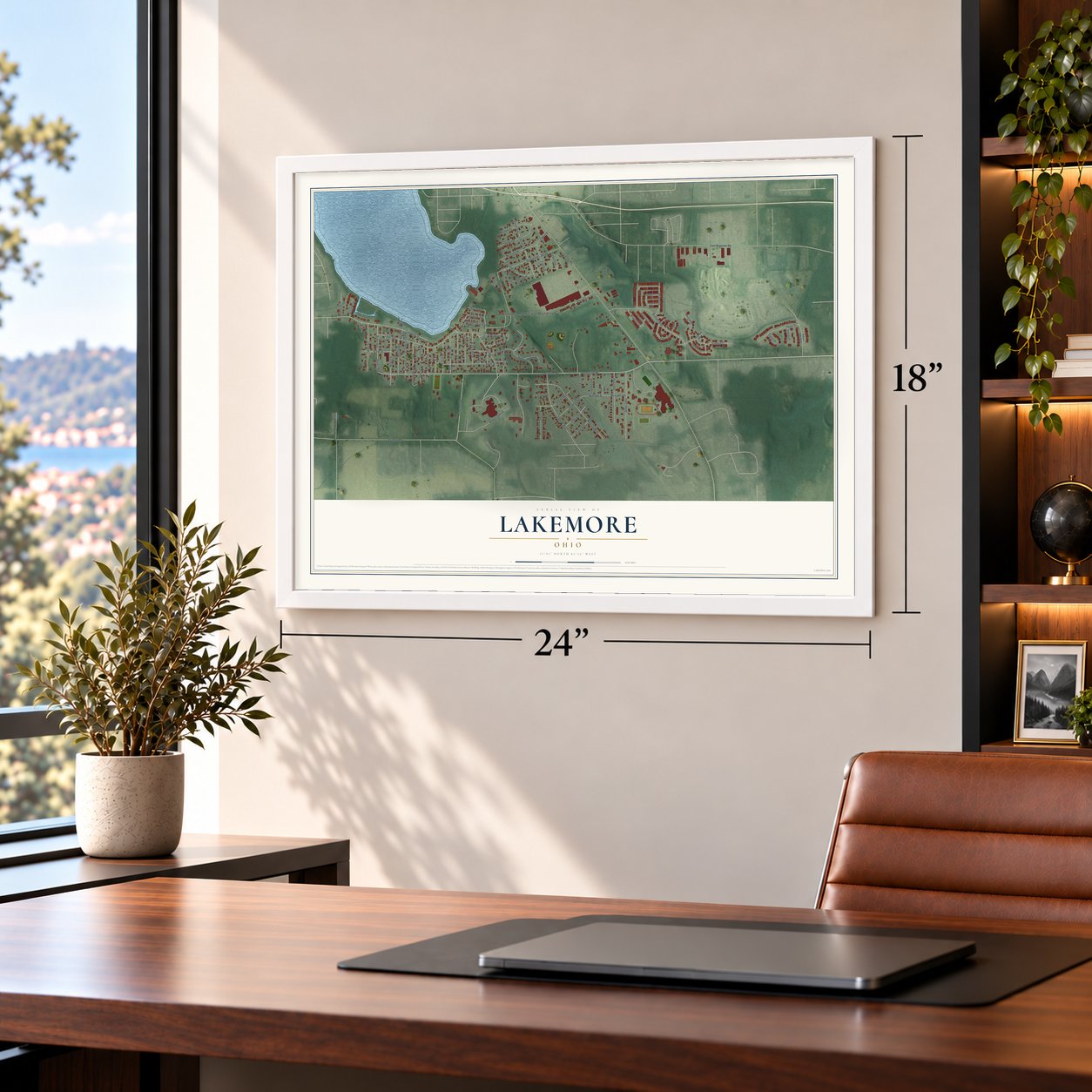 Lakemore, Ohio map, 18 x 24 inch print in a white frame in a home office